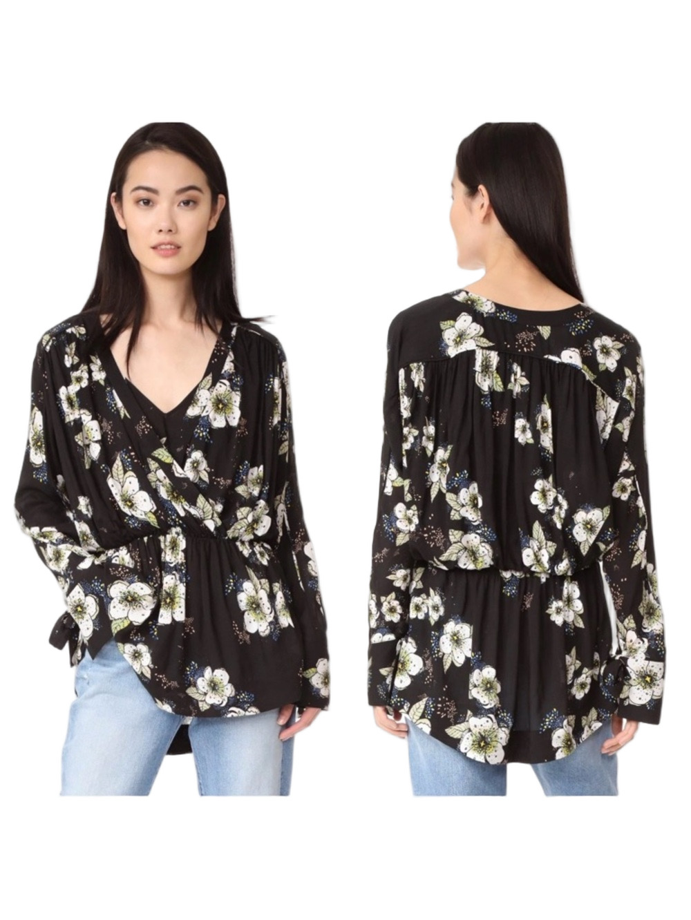 🦢Free People Tuscan black floral tunic top size S GUC